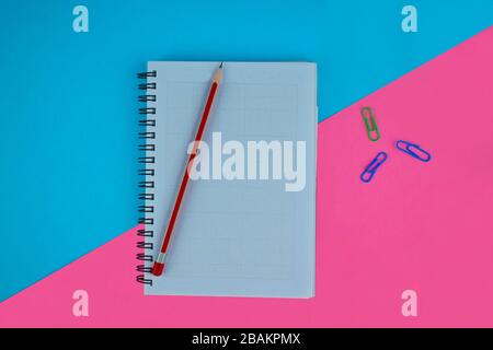 Red color pencil on top of a white paper beside some different colored paper clips before a paper background Stock Photo