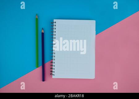 Two different colored wood pencil crayon beside a spiral white paper diary on a paper diary Stock Photo