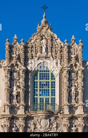 Ornate facade and window with rococo, baroque, and Spanish architectural elements in the California Building in Balboa Park, San Diego, California, US Stock Photo