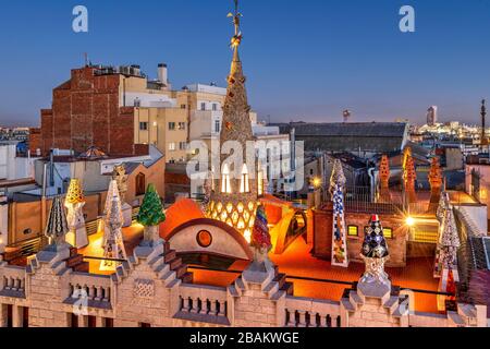 Rooftop terrace of Palau Guell mansion designed by architect Antoni Gaudi, Barcelona, Catalonia, Spain Stock Photo