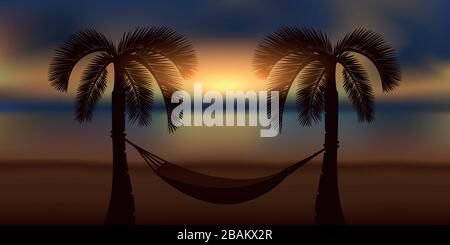 hammock and palm tree at beautiful sunrise on the beach vector illustration EPS10 Stock Vector