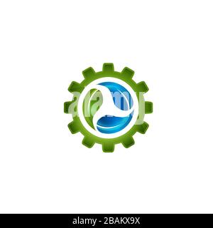 Abstract green leaf inside gear symbol element vector design ecology symbol. Ecology green leaf logo organic environment. Vector illustration EPS.8 EP Stock Vector