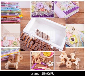 Scrapbooking collage with wooden alphabet stamp set with text Scrap, handmade albums in chebbi chic style, empty wooden thread spool, stack of of new Stock Photo
