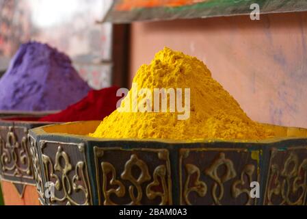 Marrakesh (Morocco) is well known for its brightly coloured spices, herbes and colorants, for sale in the souks (markets) in the famous Medina. Stock Photo