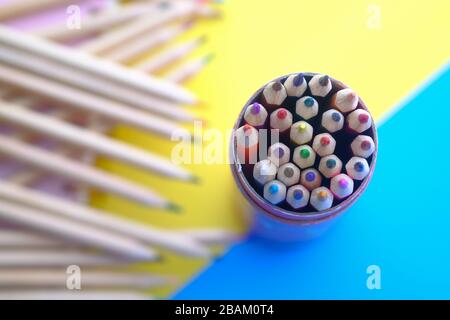 top view of color pencils on color background  Stock Photo