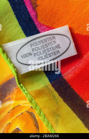 Label in woman's 100% polyester scarf made in Italy  - sold in the UK United Kingdom, Great Britain Stock Photo