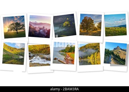 Photo collage with nature landscape photos. Mountains, lakes, trees, sunsets. Photography concept Stock Photo