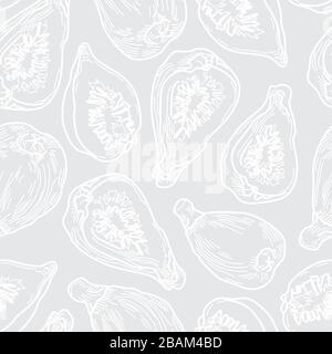 Artistic Fig White Line Drawing Seamless Pattern on Grey Background. Hand-drawn Fruit Design Stock Vector
