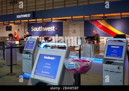 The Southwest Airlines check-in area in Portland International Airport on Feb 7, 2020. Stock Photo