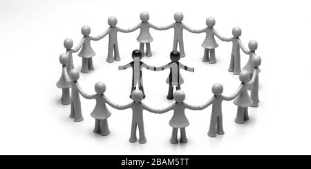 Stop racism, inclusion. White human figures holding hands in circle, black human figures in the center isolated on white background. 3d illustration Stock Photo