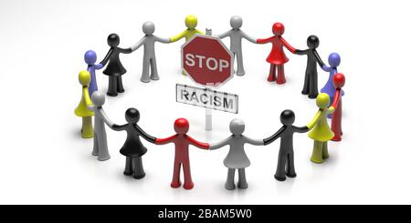 Stop racism, solidarity. Colorful human figures holding hands in circle, stop racism sign and text in the center isolated on white background. 3d illu Stock Photo