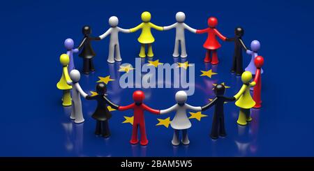 Solidarity for EU concept. Colorful human figures holding hands in circle on European Union flag background. Stop racism, global community support Eur Stock Photo