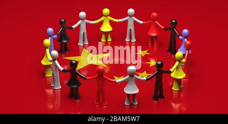 Solidarity for China concept. Colorful human figures holding hands in circle on chinese flag background. Stop racism, global community support. 3d ill Stock Photo