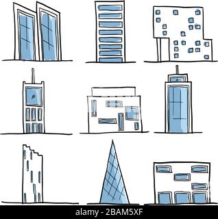 Set of Modern Cartoon Hand Drawing Building for icon, logo Stock Vector