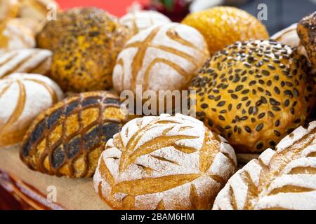 Different kinds of breads seen from above. Stock Photo