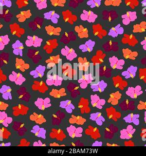 seamless pattern. orange, pink, red, purple and burgundy hibiscus flowers on a dark gray background Stock Vector