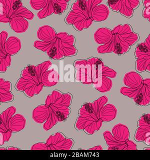 seamless pattern. black contour of hibiscus flowers and shifted to the right pink filling of petals on a light gray background Stock Vector