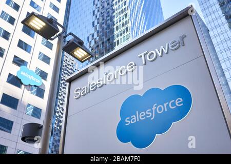 Entrance sign of Salesforce Tower, at American cloud-based software company Salesforce.com, Inc.'s Headquarters campus in San Francisco, California. Stock Photo