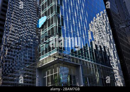 Office buildings at the American cloud-based software company Salesforce.com, Inc.'s Headquarters campus in San Francisco, California. Stock Photo