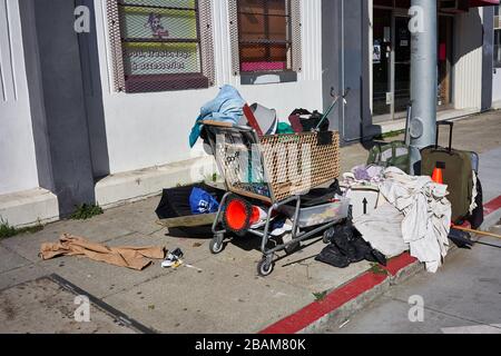 Homeless belongings on the sidewalk in the SoMa neighborhood in San Francisco, California, seen on Sunday, Feb 9, 2020. Stock Photo