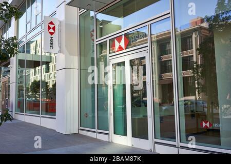 A branch of HSBC Bank USA in the Financial District of San Francisco, California, seen on Sunday, Feb 9, 2020. Stock Photo