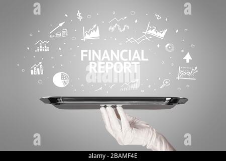 Waiter serving business idea concept with FINANCIAL REPORT inscription Stock Photo