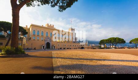 Principality of Monaco.  The Palais Princier, or Palais du Prince on Le Rocher.  The Prince's Palace on the Rock.  The square is Place du Palais. Stock Photo