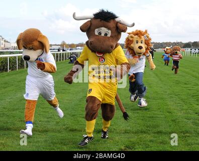 Oxford United mascot Olly The Ox (centre) crosses the line in the Football League Mascot Race, in support of Prostate Cancer UK. Stock Photo