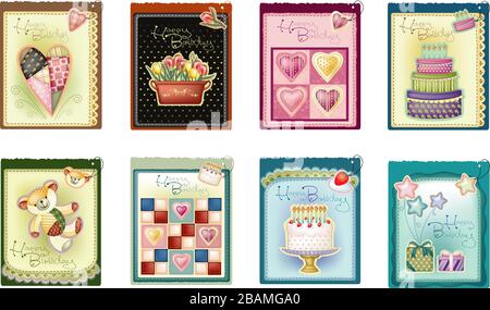 Set of happy birthday card with many forms characters, creative design - vector Stock Vector