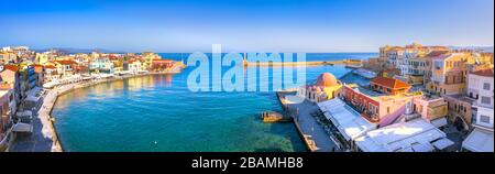 Aerial view of Chania with the amazing lighthouse, mosque, venetian shipyards, Crete, Greece. Stock Photo