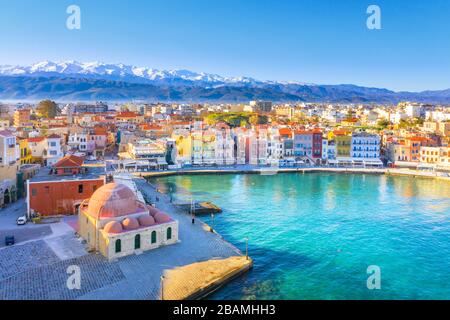 Aerial view of Chania with the amazing lighthouse, mosque, venetian shipyards, Crete, Greece. Stock Photo