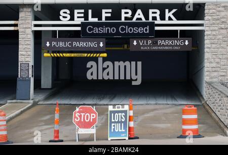 St. Louis, United States. 28th Mar, 2020. The parking garage for The Four Seasons Hotel and Lumière Place Casino, sits closed amid the COVID-19 outbreak in St. Louis on Saturday, March 28, 2020. Photo by Bill Greenblatt/UPI Credit: UPI/Alamy Live News Stock Photo