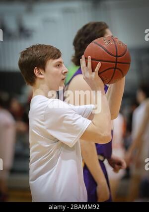 Basketball action with Post Falls vs Lewiston High School in Post Falls, Idaho. Stock Photo