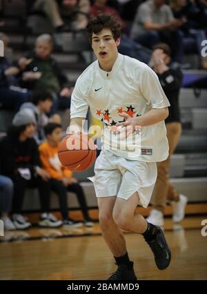 Basketball action with Post Falls vs Lewiston High School in Post Falls, Idaho. Stock Photo