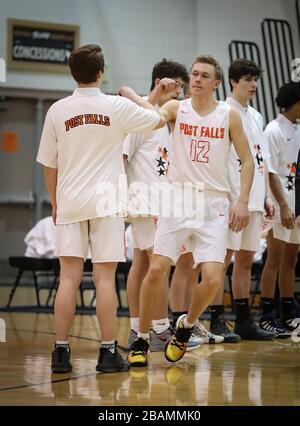 Basketball action with Post Falls vs Lewiston High School in Post Falls, Idaho. Stock Photo