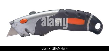 An Isolated Grungy Old Utility Knife Or Box Cutter On A White Background Stock Photo