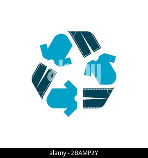 Recycle clothing symbol. Blue recycle symbol with T-shirt and jeans. Sustainable lifestyle and eco friendly manufacturing. Zero waste concept. Vector Stock Vector