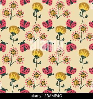 ladybugs and flowers seamless vector pattern Stock Vector