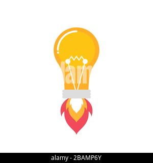 Vector of light bulb rocket flying up over clouds. Innovation concept ...