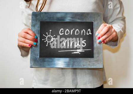 Coronovirus text and drawing on a blackboard. Stock Photo