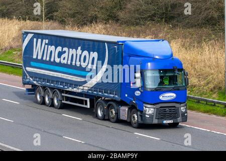 2017 BLUE Renault Trucks T. Wincanton Haulage delivery trucks, lorry, transportation, truck, cargo carrier, Renault vehicle, European commercial transport, industry, M61 at Manchester, UK Stock Photo
