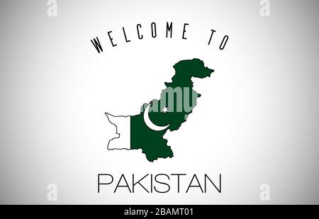 Pakistan Welcome to Text and Country flag inside Country Border Map. Pakistan map with national flag Vector Design Illustration. Stock Vector