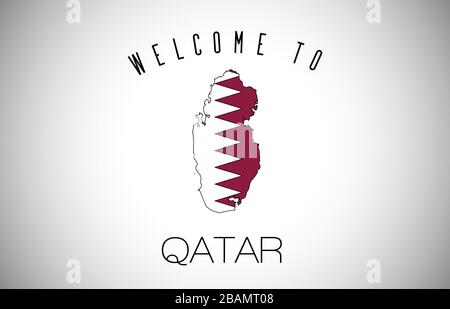 Qatar Welcome to Text and Country flag inside Country Border Map. Qatar map with national flag Vector Design Illustration. Stock Vector