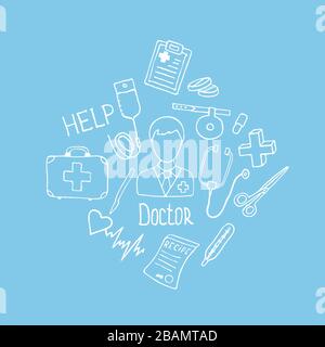 Doodle medicine icon set for your design. Hand drawn Health care, pharmacy, medical cartoon icons collection. Medical symbols. Vector illustrations. Stock Vector