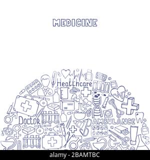 Doodle medicine icon set for your design. Hand drawn Health care, pharmacy, medical cartoon icons collection. Medical symbols. Vector illustrations. Stock Vector