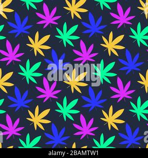 Cannabis leaf bright, Marijuana leaf seamless pattern. Simple, classy Hemp leaves isolated on black background. Can be used as logo for a cannabis far Stock Vector