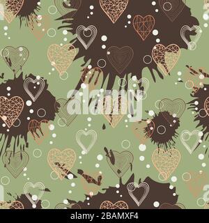 Heart pattern .Vector seamless pattern with thin line abstract hearts on a green background with blots ink Stock Vector