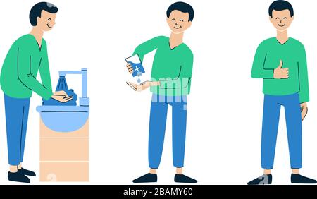 Set of vector illustrations in flat style isolated on white. Clean, wash your hands. People washing hands with soap and water. Man using alcohol-based Stock Vector