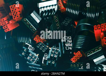 A close up view on a computer wires parts background Stock Photo
