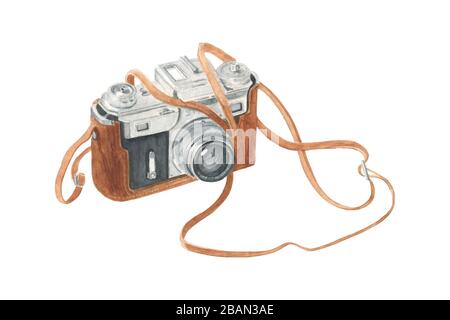 Retro film photo camera isolated on white. Hand drawn watercolor illustration. Stock Photo